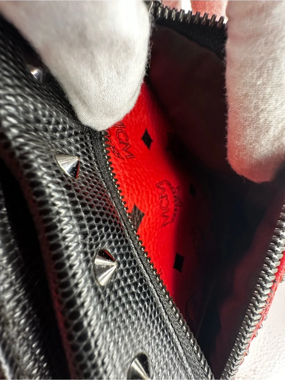 MCM Stark Red Leather Studded Backpack with Black Trim